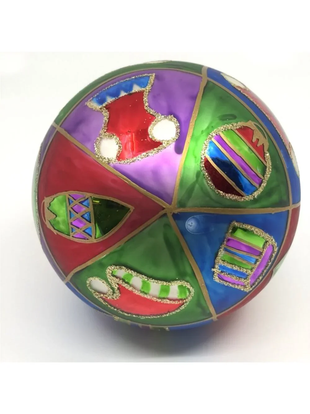 Vtg Komozja Joy to the World Glitterazzi Hand Painted Polish Glass Ball Ornament
